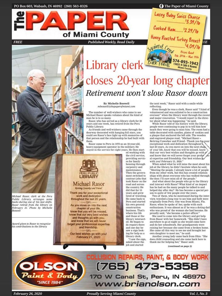 The Paper of Miami County Features Peru Library Clerk Retirement...And the Gold Medal Awards Plaque He Received