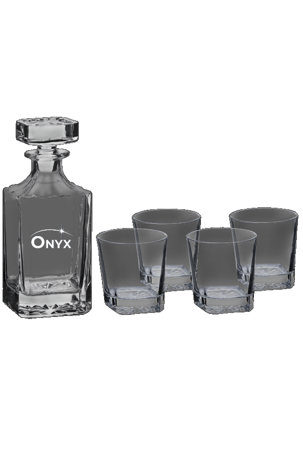 750 ML Square Glass Decanter with 4 Rocks 11 oz. Glasses / Foam Lined Gift Box