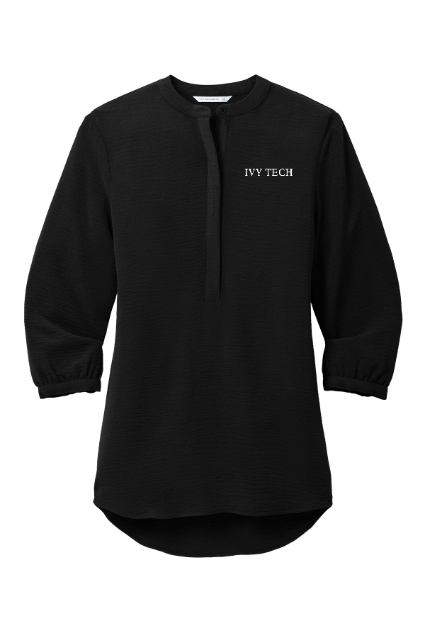 Embroidered Women's 3/4-Sleeve Textured Crepe Tunic (Port Authority LW713) - Deep Black